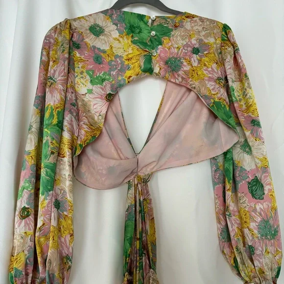 Pink and Green Floral Print Satin Cut Out Open Back Maxi Dress Size Medium - Picture 9 of 9